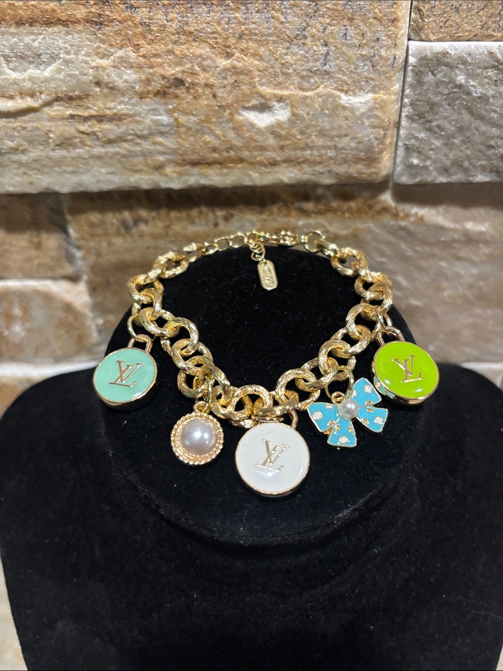 Gold Charm Bracelet with LV Turquoise, Lime, White Skittlesand Pearl Accents